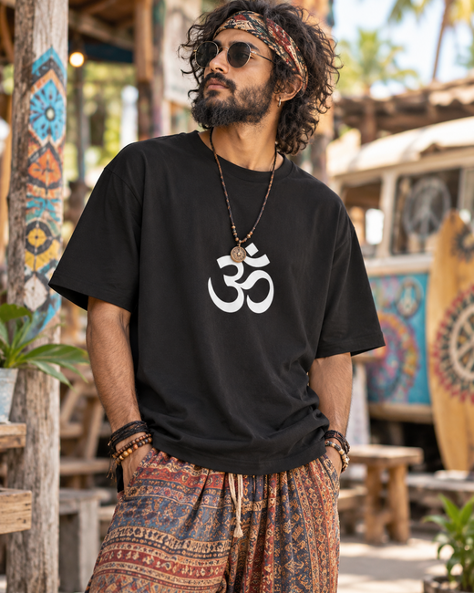 A man wearing a black crewneck t-shirt with a white Om symbol on the chest, styled with bohemian patterned pants, sunglasses, and a headband in a rustic outdoor setting.