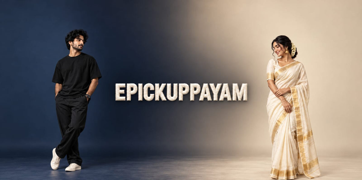 A man in a black t-shirt and black pants stands on the left, and a woman in a cream-colored saree with gold patterns stands on the right, flanking the bold white text 'EPICKUPPAYAM' against a split blue and beige studio background.