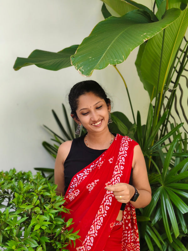 Georgette Red Saree with White Floral Border