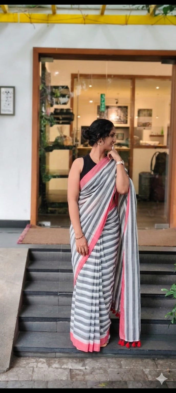 Pink and White Mulcotton Saree