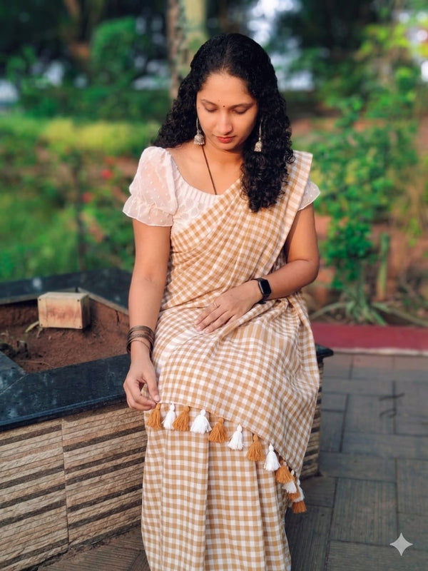 Beige and White Checkered Mulcotton Saree
