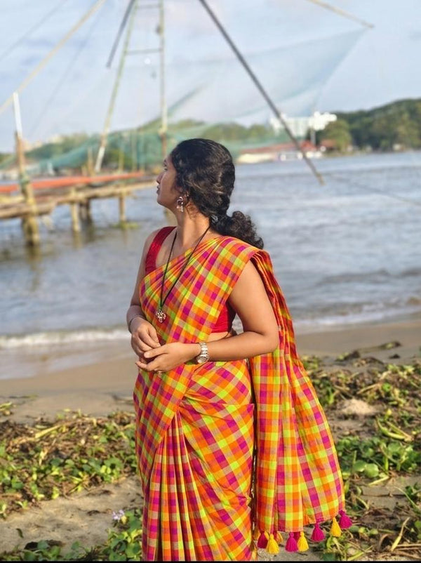 Pink,Orange and Yellow Multicolor Mulcotton Saree