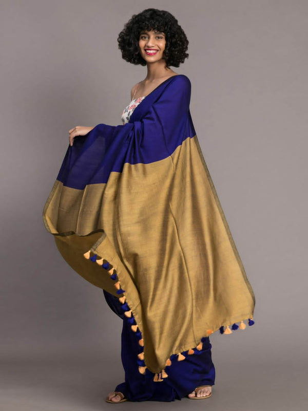 Khadi cotton Saree Blue and Cream