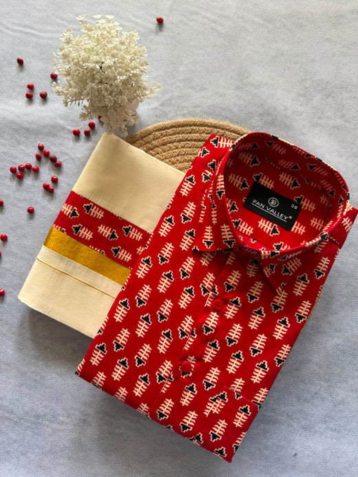 Crimson Red Geometric Ajrakh Shirt Mund Combo