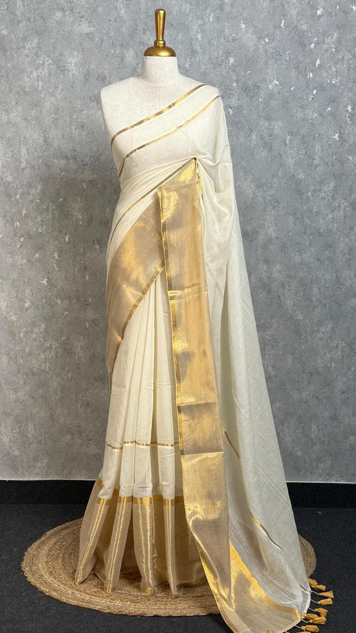 Cream Gold Border Mul Cotton Onam Saree