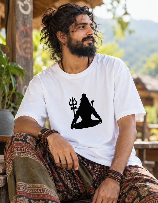 A man wearing a white crewneck t-shirt with a black graphic of Lord Shiva meditating with a trident, paired with patterned brown and red pants, sitting in an outdoor rustic setting.